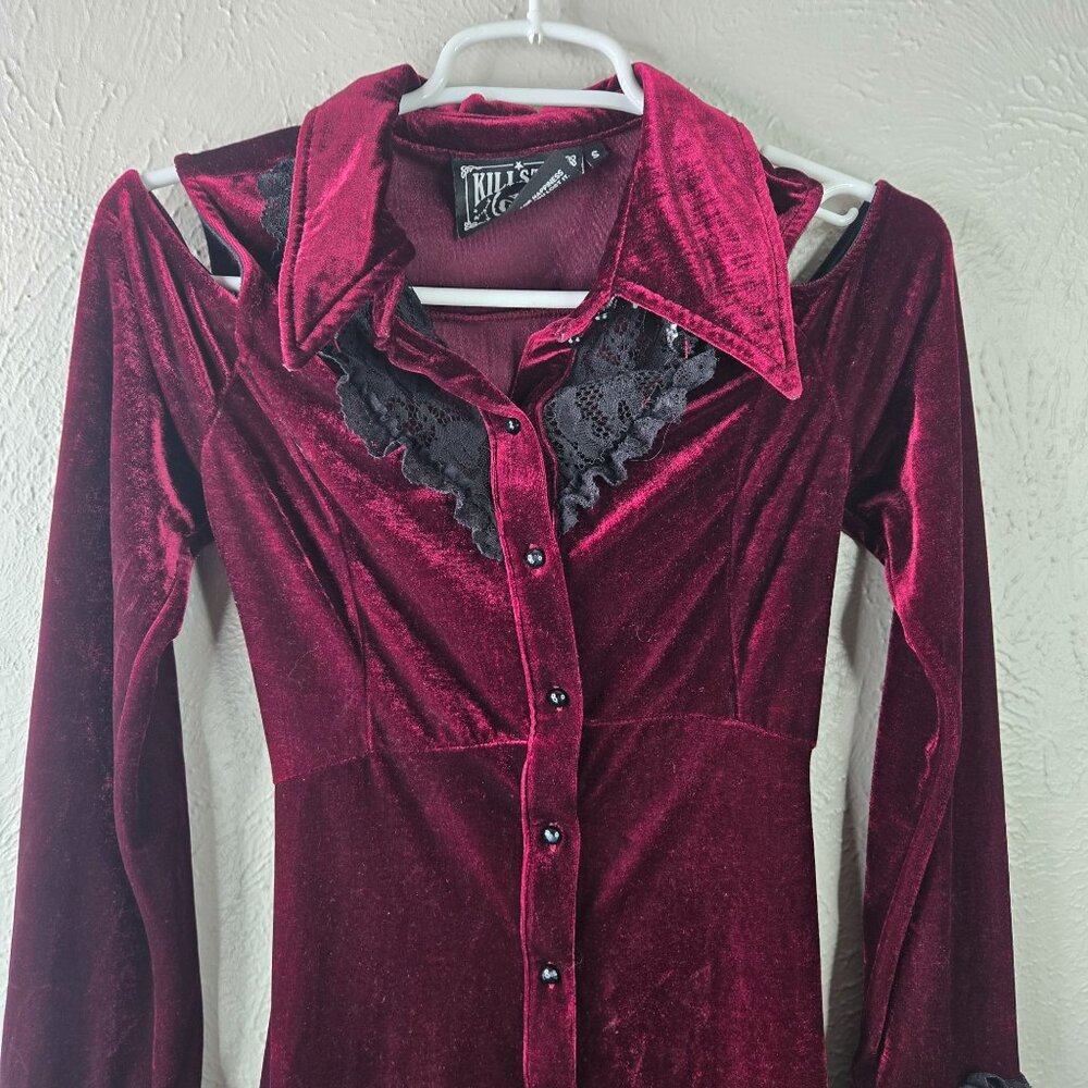 Killstar Burgundy Velvet Lace-Trim Mini Dress - Picture 5 of 13